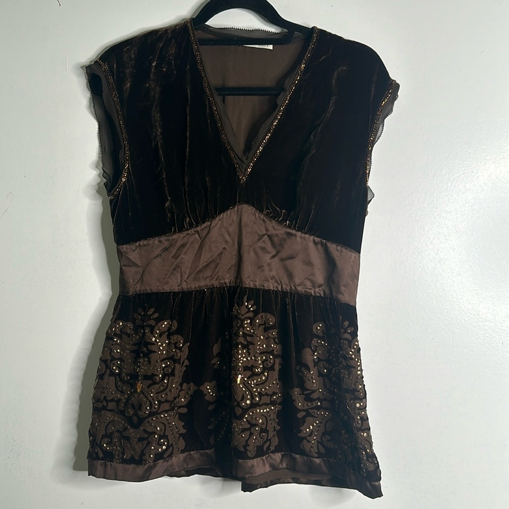 MARELLA brown velvet embellish  Regencycore burnout  baby doll top size 8 Fariy - Picture 4 of 11